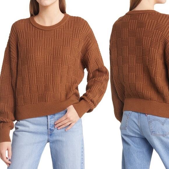 Reformation Sweaters - Reformation Winnie Brown Basketweave Organic Cotton Crewneck Sweater Size XL